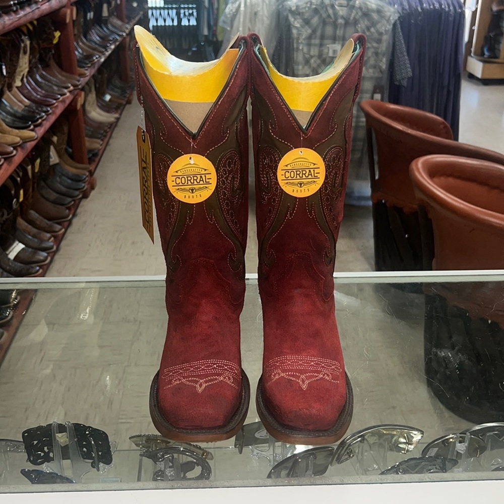 Ladies Corral suede red narrow square toe boot